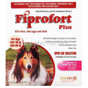 Generic Frontline Plus, Fiprofort Plus large Dog 40-60kg 4.02ml x 3 Pipettes, Fipronil 100 g/L and S-Methoprene 90 g/L Box front presentation, SavaVet