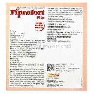 Generic Frontline Plus, Fiprofort Plus large Dog 40-60kg 4.02ml x 3 Pipettes, Fipronil 100 g/L and S-Methoprene 90 g/L Box back presentation with information, contents of product, caution, storage and warning label, SavaVet
