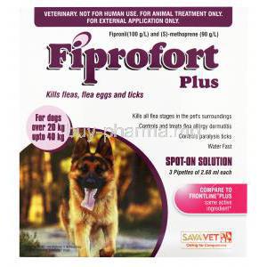 Generic Frontline Plus, Fiprofort Plus medium Dog 20-40kg 2.68ml x 3 Pipettes, Fipronil 100 g/L and S-Methoprene 90 g/L Box front presentation, SavaVet