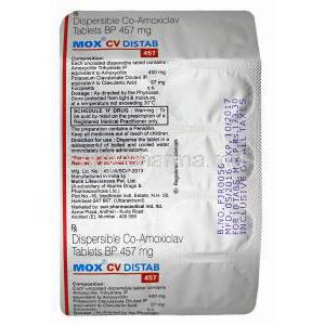 Mox CV 457 DT, Amoxicillin and Clavulanic Acid tablets back