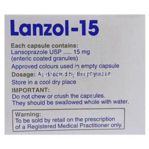 Lanzol, Generic  Prevacid, 15 mg Lansoprazole box Composition