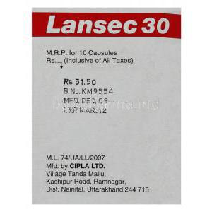 Lansec, Generic  Prevacid, 30 mg Lansoprazole Box manufacturer data