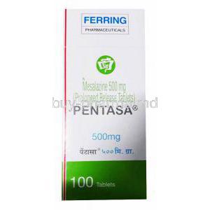 Pentasa Prolonged Release Tabs, Mesalazine 500mg, Ferring Pharmaceuticals, box front presentation