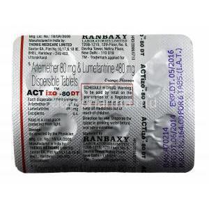 Actizo, Artemether/ Lumefantrine tablets back