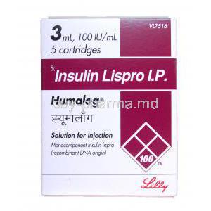 Humalog 5 x 3ml Cartridges, Insulin Lispro I.P. 100IU per ml Solution for Injection Box