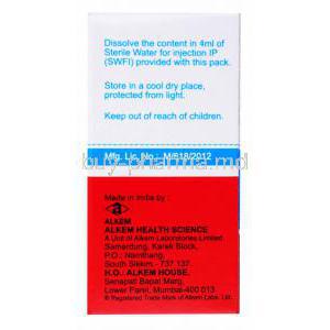 eneric Claforan, Cefotaxime Sodium Injection IP, Taxim, Alkem, Box side presentation with information, directions of use, storage instructions and warning label.