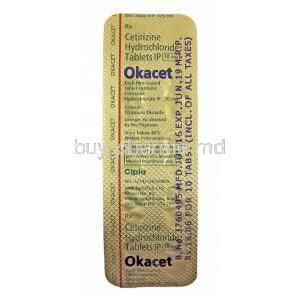 Okacet, Cetirizine tablets back