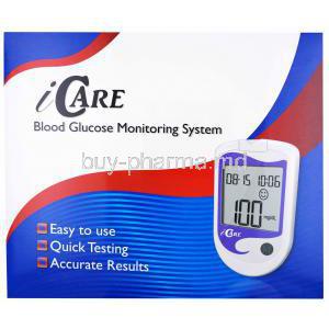 Icare Blood Glucose Monitoring system, Box back presentation.