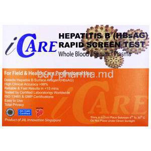 iCare Hapatitis B Rapid Screen Test Kit, Whole blood/ Serum/ Plasma, Box back presentation with information