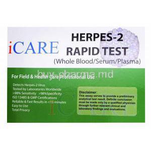 iCare Herpes II Rapid test, Whole blood/ Serum/ Plasma, Box back presentation with disclaimer label and information