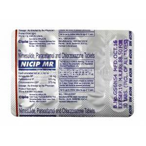 Nicip MR, Nimesulide/ Paracetamol/ Chlorzoxazone tablets back