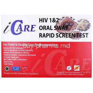 iCare HIV 1&2 Oral Swab Rapid Screen Test Kit, Box back presentation with information.