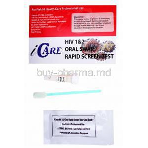iCare HIV 1&2 Oral Swab Rapid Screen Test Kit, Box  front presentation with test kit packaging and contents.