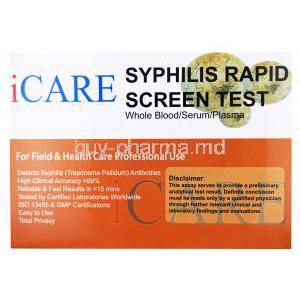 iCare Syphilis Rapid Screen Test Kit, Whole Blood/ Serum/ Plasma, Box back presentation with disclaimer label and information.
