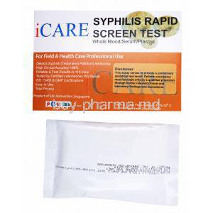 iCare Syphilis Rapid Screen Test Kit, Whole Blood/ Serum/ Plasma, Box  and test kit package front presentation