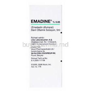 Emadine, Emedastine Eyedrops, 0.05% 5ml, Box side presentation with infomration