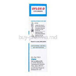 Dexamethasone/ Ofloxacin Ophthalmic Solution Eye Drops 10mL, Oflox-D Cipla, Box side presentation with information, picturized instructions for use, storage and warning label.