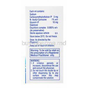Generic Can-C, Carboxymethylcellulose/ N-Acetyl-Carnosine, box side presentation with contents, dosage and storage instructions and warning label