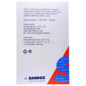 Kolestran, Cholestyramine ( Colestyramine /Kolestramin ) Sachets, Box back presentation with information,4g, Sandoz a Novartis Company