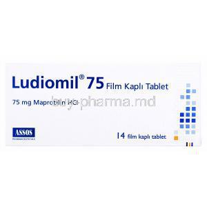 Ludiomil, Maprotiline, 75mg 14 tablets, Assos Pharmaceuticals, Box front presentation