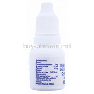 C-NAC, Sodium Carboxymethylcellulose 3mg + N-Acetyl-Carnosine 1% Eye Drops 10ml Bottle, Intas, bottle back presentation with information