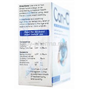 Can-C Eye-drops, Lubricant eye drops with Antioxidant N-Acetylcarnosine, 2 x 5ml vials, Box front and side presentation with information on composition and excipients.