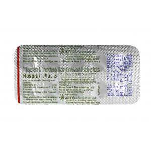 Rospitril Plus, Risperidone and Trihexyphenidyl 3mg tablets back