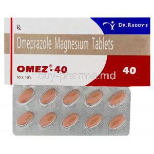 Omez, Generic  Prilosec, Omeprazole 40 mg Tablet and box
