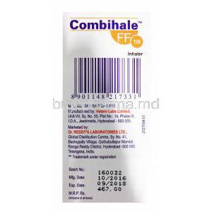 Generic Formoterol fumarate/ Fluticasone Inhaler, 6mcg 125mcg 125 MD Inhaler , CFC free, Dr. Reddy's, box side presentation with information