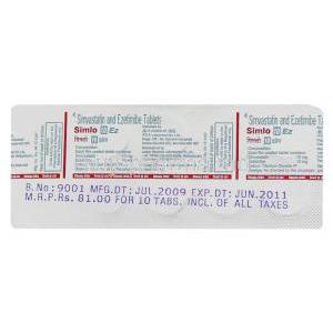 Simlo, Generic  Vytorin, Ezetimibe   Simvastatin Tablet  packaging information