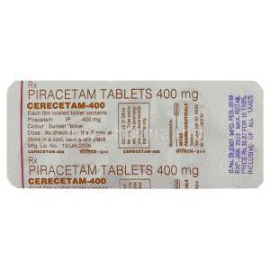 Cerectam, Generic  Nootropyl, Piracetam 400 mg Tablet Intas blister info