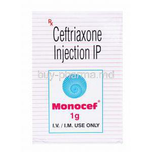 Generic  Rocephin, Ceftriaxone Sodium Injection, Monocef 1g, box front presentation