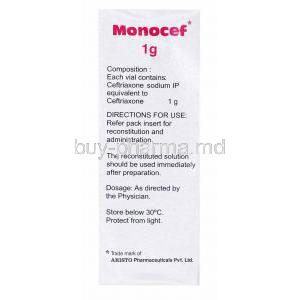 Generic  Rocephin, Ceftriaxone Sodium Injection, Monocef 1g, box side presentation with information on composition and directions of use