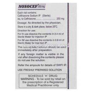 Nosocef, Generic Rocephin, Ceftriaxone Sodium 250 mg Injection composition