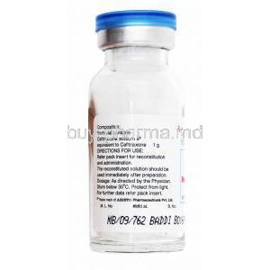 Generic Rocephin, Ceftriaxone Sodium Injection, Monocef 1g, Injection vial back presentation with information