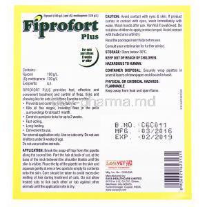 Generic Frontline Plus, Fiprofort Plus for Cats, Fipronil/ S-Methoprene Pipette, box back presentation with information