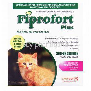 Generic Frontline Plus, Fiprofort Plus for Cats, Fipronil/ S-Methoprene Pipette, box front presentation