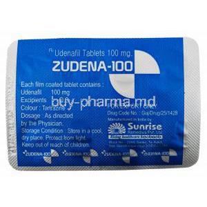 Generic Zydena, Udenafil 100mg 4 tab, Blister pack back presentation with information