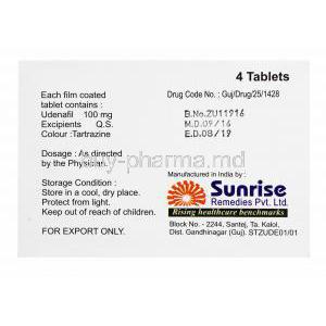 Generic Zydena, Udenafil 100mg 4 tab, box back presentation with information