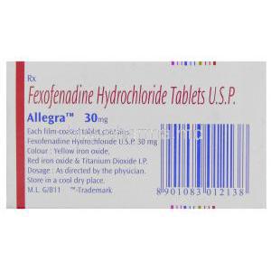 Allegra, Fexofenadine Hcl 30mg Box Information