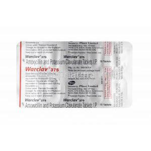 Warclav, Amoxicillin and Clavulanic Acid 375mg tablets back