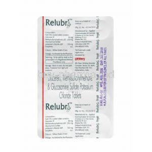 Relubri, Glucosamine, Diacerein and Methyl Sulfonyl Methane tablets back