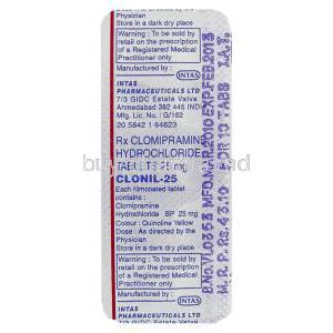 Generic Anafranil, Clomipramine 25 mg blister information