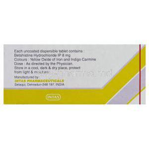 Generic  Serc, Betahistine Dihydrochloride 8 mg Tablet box information
