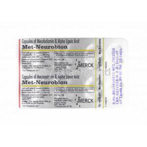 Met-Neurobion, Alpha lipoic acid and Methylcobalaminy capsules back