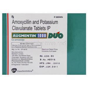 Augmentin, Amoxicillin and clavulanate potassium 875 mg/ 125 mg Tablet (GSK)  box information