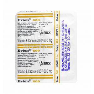 Evion, Tocopheryl Acetate Vitamin E 600mg capsules back