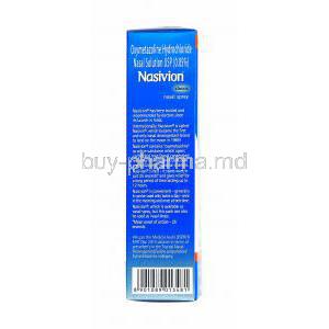 Nasivion Nasal Solution, Oxymetazoline Hydrochloride 0.5mg 15ml box side