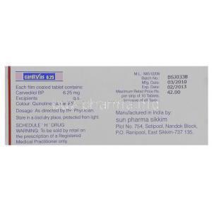 Cardivas, Generic Coreg, Carvedilol 6.25 mg manufacturer