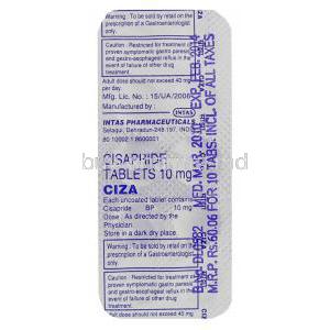 Generic Propulsid, Ciza Cisapride (Intas) 10 packaging info